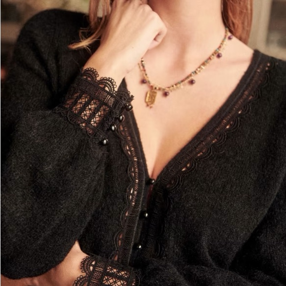 Sezane Clara Black Lace-Trimmed Cardigan Sweater